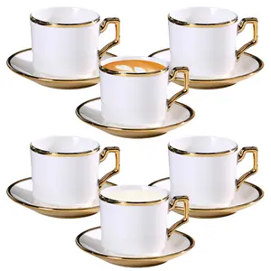 Tea Cups and Saucers, Set of 6 (7 oz) with Gold Trim, Cappuccino Cups, Coffee Cups, White Tea Cup Set, British Coffee Cups, Porcelain Tea Set, Latte Cups