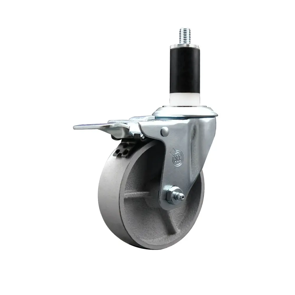 212 MAIN Heavy Duty Lockable Swivel Caster Wheels, Semi-Steel Cast Iron Build, Expanding Stem (1.38 in.), 4 in. Silver Castors, Total Locking Brake, Lockable Wheels, Stem Mount, 5" H X 5" W X 5" L