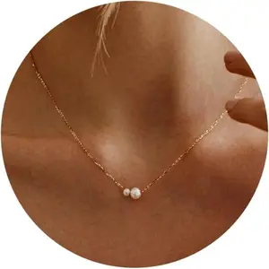 Gold Pearl Necklace for Women – 14K Gold Plated Dainty Double Pearl Pendant Necklace, Minimalist Elegant Jewelry for Daily Wear, Perfect Birthday, Valentine’s Day, or Anniversary Gift for Her, Hypoallergenic Chain