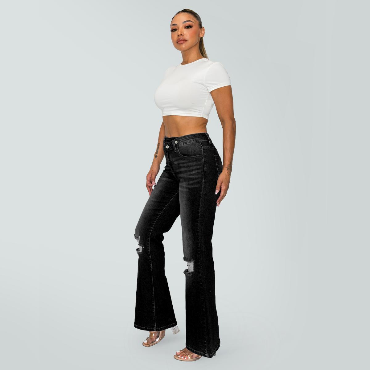 Valerie CANANA Stretchy High Rise Crossover Tapered Ripped Bootcut Jeans for Women SH25F15 Womenswear Comfortable Denim Bell Bottom Outfit Flare Leg Regular Size Plus Size #TikTokShopSpringGlowUp