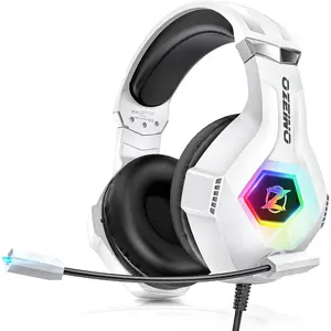 Gaming Headset For PC,Ps4,Ps5,Xbox,Switch,Xbox Series X/S,Laptop,Mobile With 7.1 Surround Sound, Noise Canceling Mic, LED Light, Over Ear, White