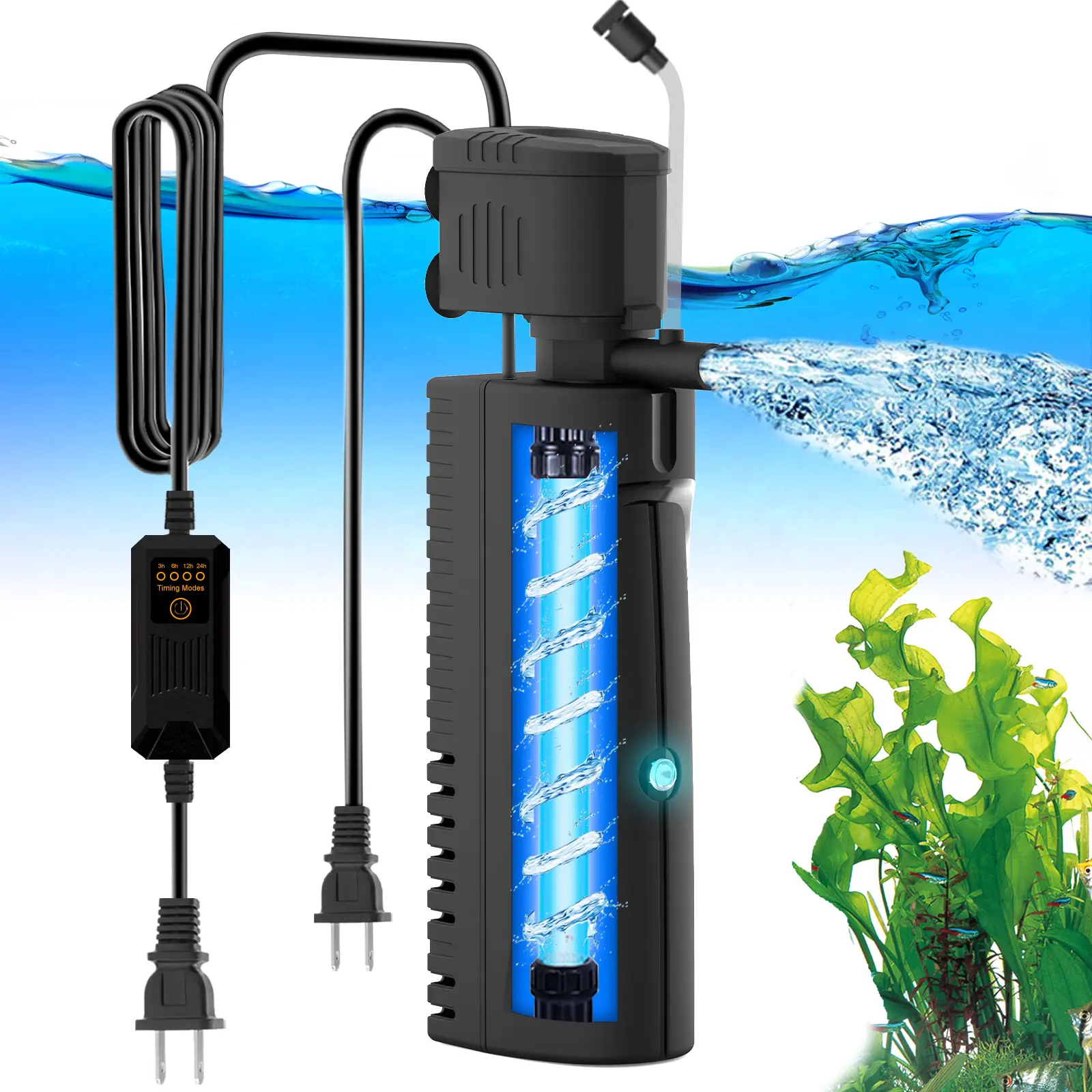 AquaMiracle Aquarium Filter with U - V Light & Pre-Filter Sponge, Fish Tank Filter with Timer (3/6/12/24 Hours) for Green Water, Electric Turtle Filte