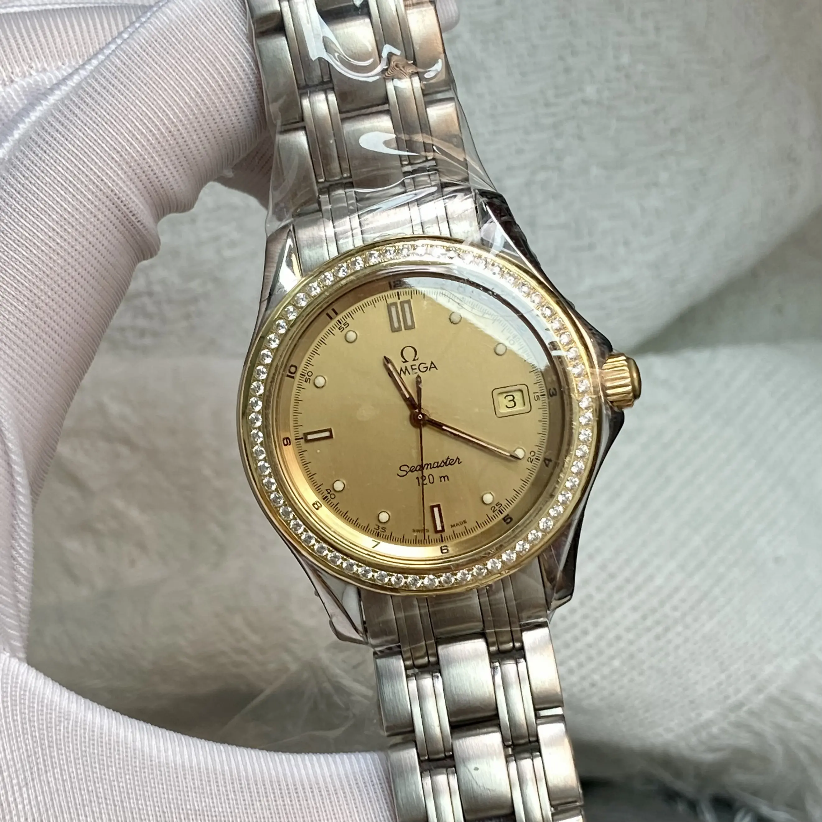 Omega Seamaster 120m 36mm Stainless Steel - 18K & Stainless Steel, Aftermarket Diamond Bezel