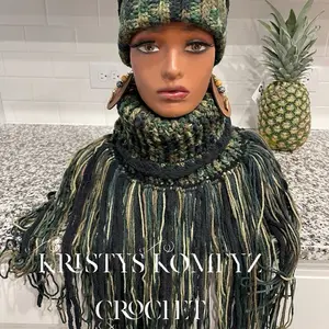 Kristys Komfyz Crochet Army Fatigue Hat and Scarf Set with Fringe Detail for Outdoor Use