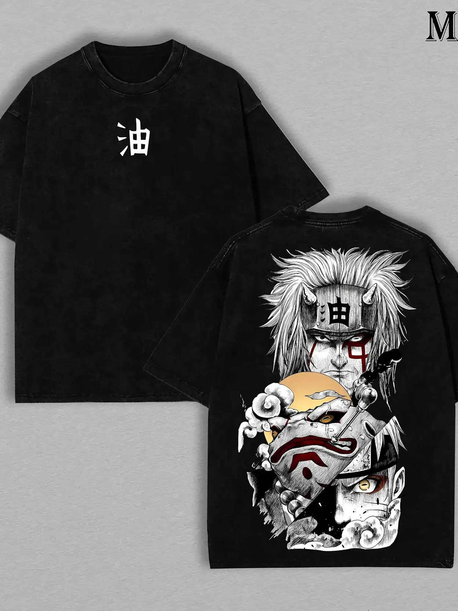 Menswear 100% Cotton Jiraiya x Naruto Anime Double Printed Vintage Washed Round Neck Short Sleeve Distressed Heavyweight Oversize Unisex T-shirt, Festive Naruto Merch for Jiraiya Fans, S-3XL Streetwear, Shortsleeve, Anime Theme