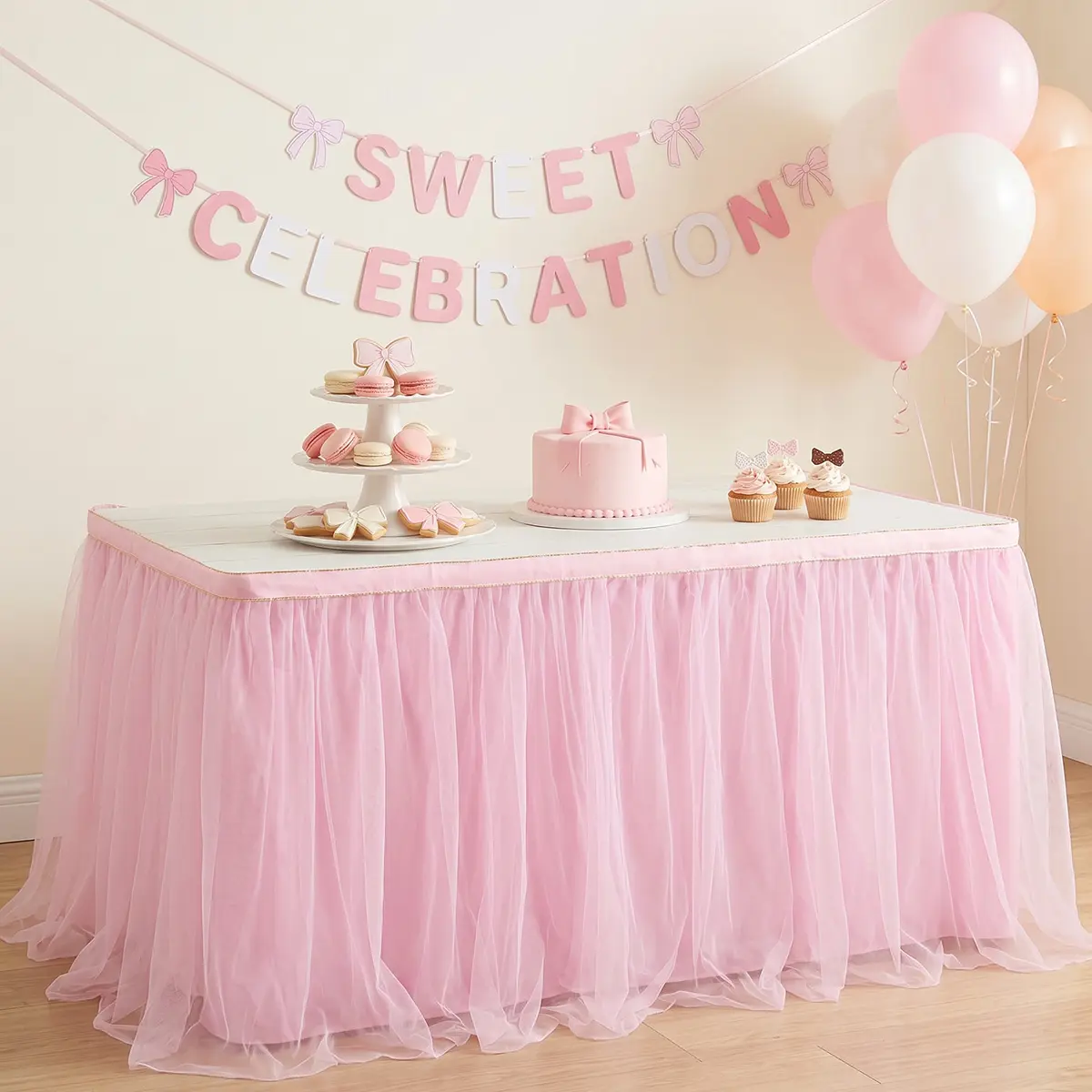 6ft Tulle Table Skirt Baby Shower Tablecloth for Rectangle Tables or Round Tables Pink/White/Blue Ruffle Tutu Table Skirts Teacher Desk Skirt Princess Girls Birthday Party Cake Dessert Decorations