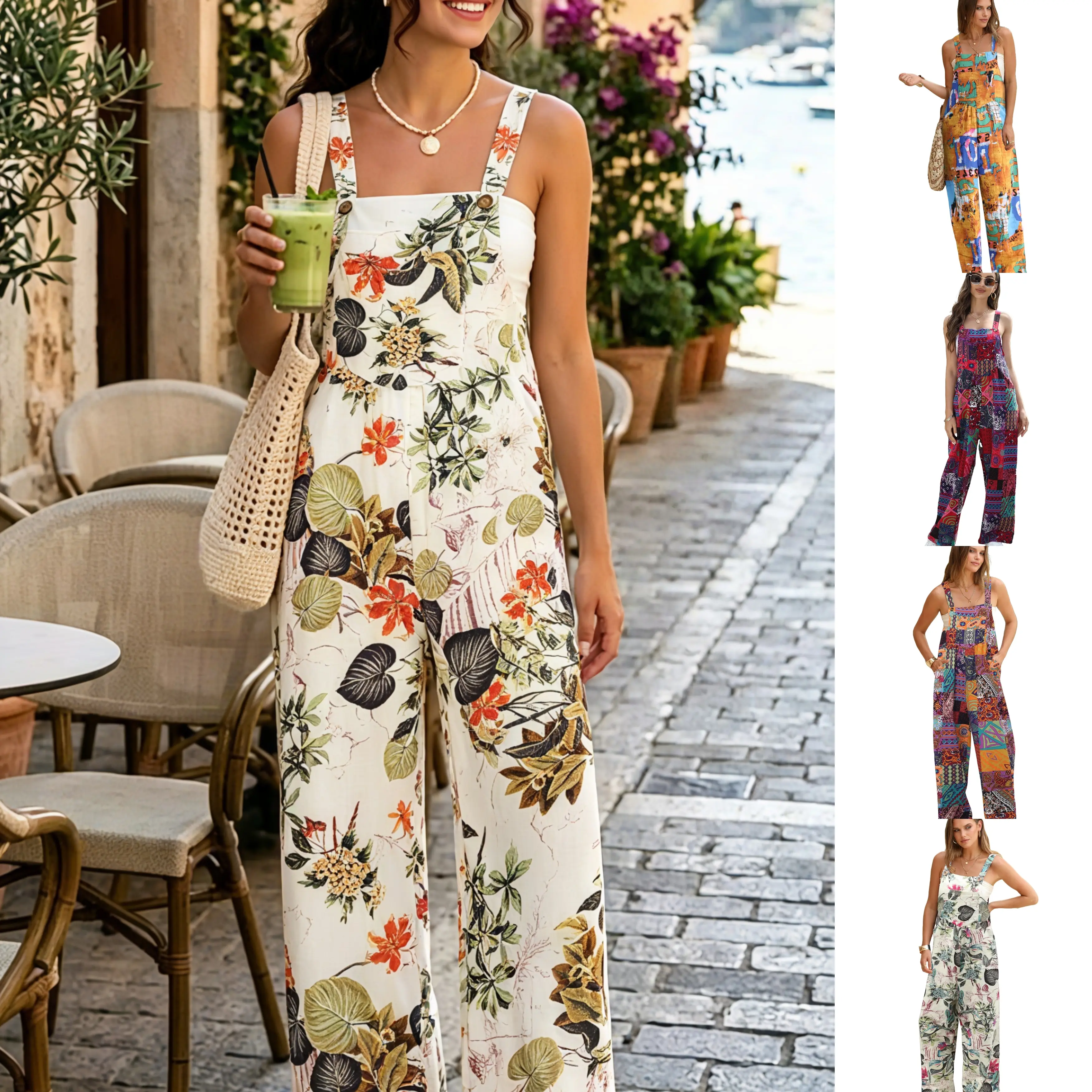 UANEO Women's  Linen Like Patchwork Dual Pocket Jumpsuit Loose Floral Print Bohemian Wide Leg Bib Overall Casual Womenswear Printed (NEW)