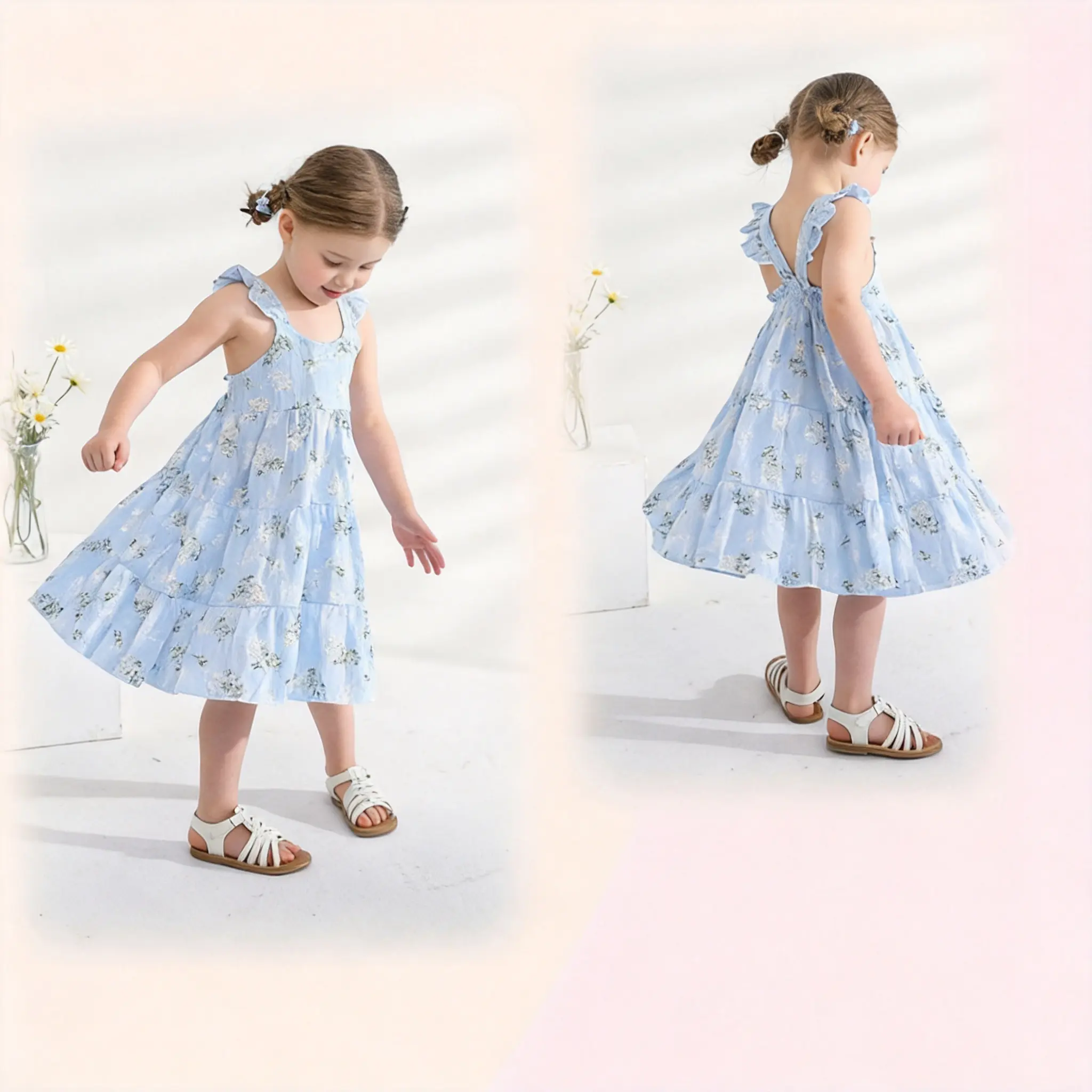 Younger Tree Toddler Baby Girls Sleeveless Cotton Blend Princess Sundress with Rainbow Embroidery and Ruffles for Summer Beach Party, Baby Girls Clothing