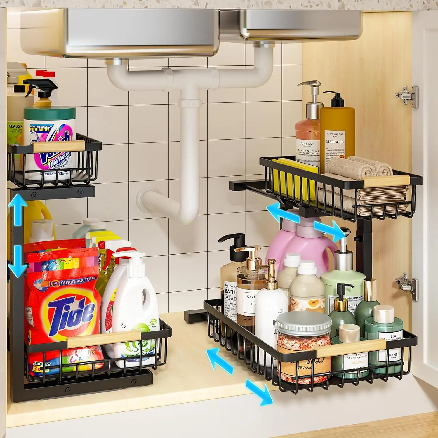 Under Sink Organizer, Height Adjustable Under Sink Organizers and Storage, 2 Tier Pull Out Drawer Cabinet Organizer for Kitchen Bathroom