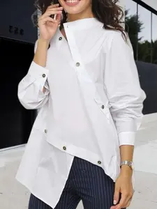 Women's Plain Asymmetrical Button Front Shirt, Casual Long Sleeve Top for Daily Wear, Ladies Clothes for All Seasons,?Blouse