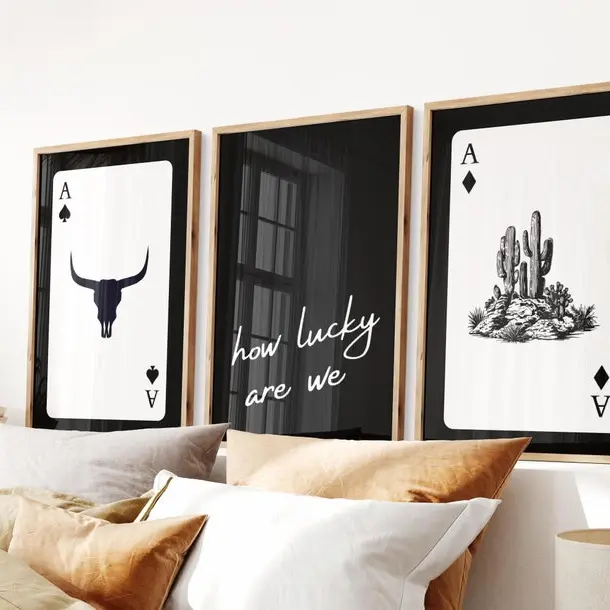 How Lucky Are We Set of 3, Ace Playing Card Poster, Trendy Western Wall Art, Retro Cowgirl Print, Modern Cowboy Décor