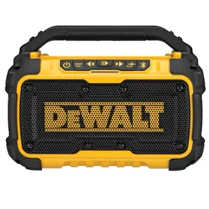 12-volt or 20-volt max Cordless Bluetooth Jobsite Speaker with 100ft Range USB Charging Port Dual Sub Woofers Stereo Audio Chargeable Smartphone Plug Handle Metal