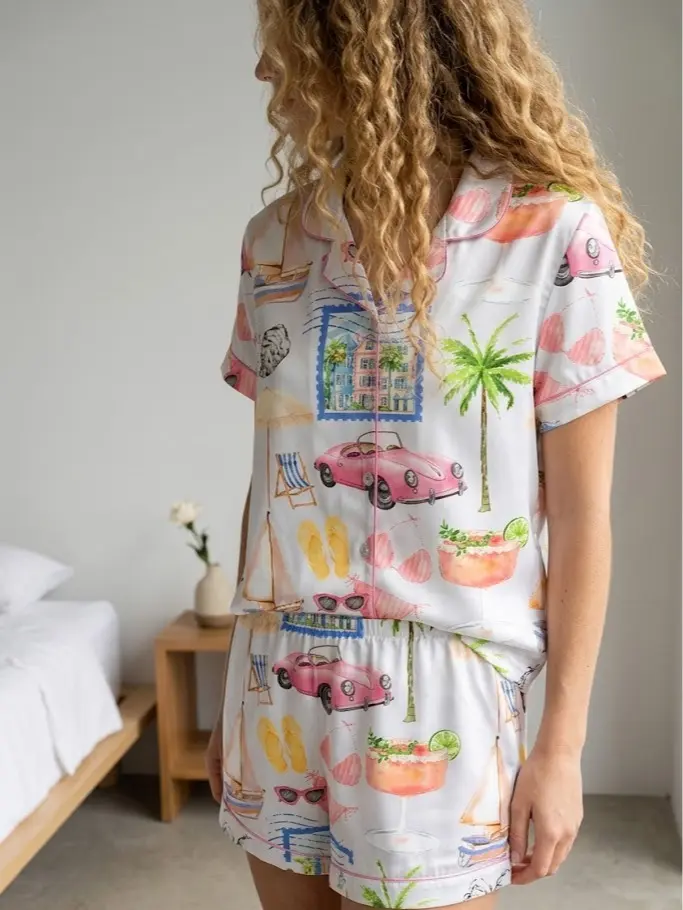Pink vintage car pajamas, travel lovers pajamas, gift for her, set for women, Loungewear set women, Sleepwear fashion