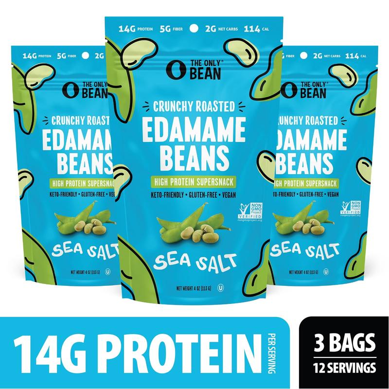 The Only Bean - Crunchy Roasted Edamame Beans (Sea Salt) - Keto Snack, High Protein, Healthy Snacks, Low Carb, High Fiber, Gluten-Free & Vegan (4.0oz) (3 Pack)
