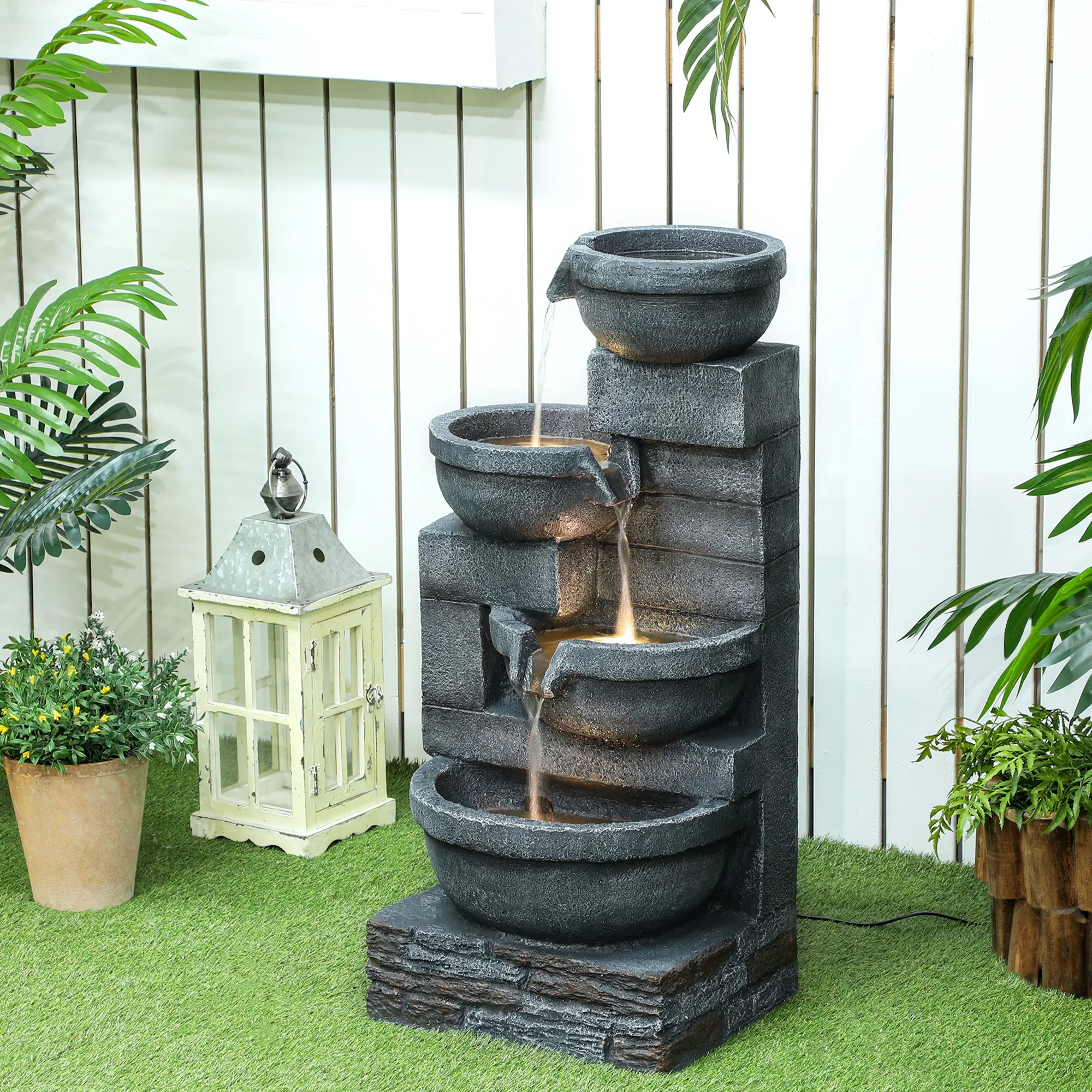 30" Tall Outdoor Waterfall Fountain with LED Lights 4-Tier Resin Cascading Water Bowls with Pump Gray Adjustable Flow for Garden Decor