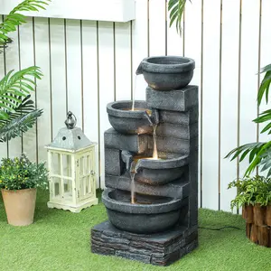 30" Tall Outdoor Waterfall Fountain with LED Lights 4-Tier Resin Cascading Water Bowls with Pump Gray Adjustable Flow for Garden Decor
