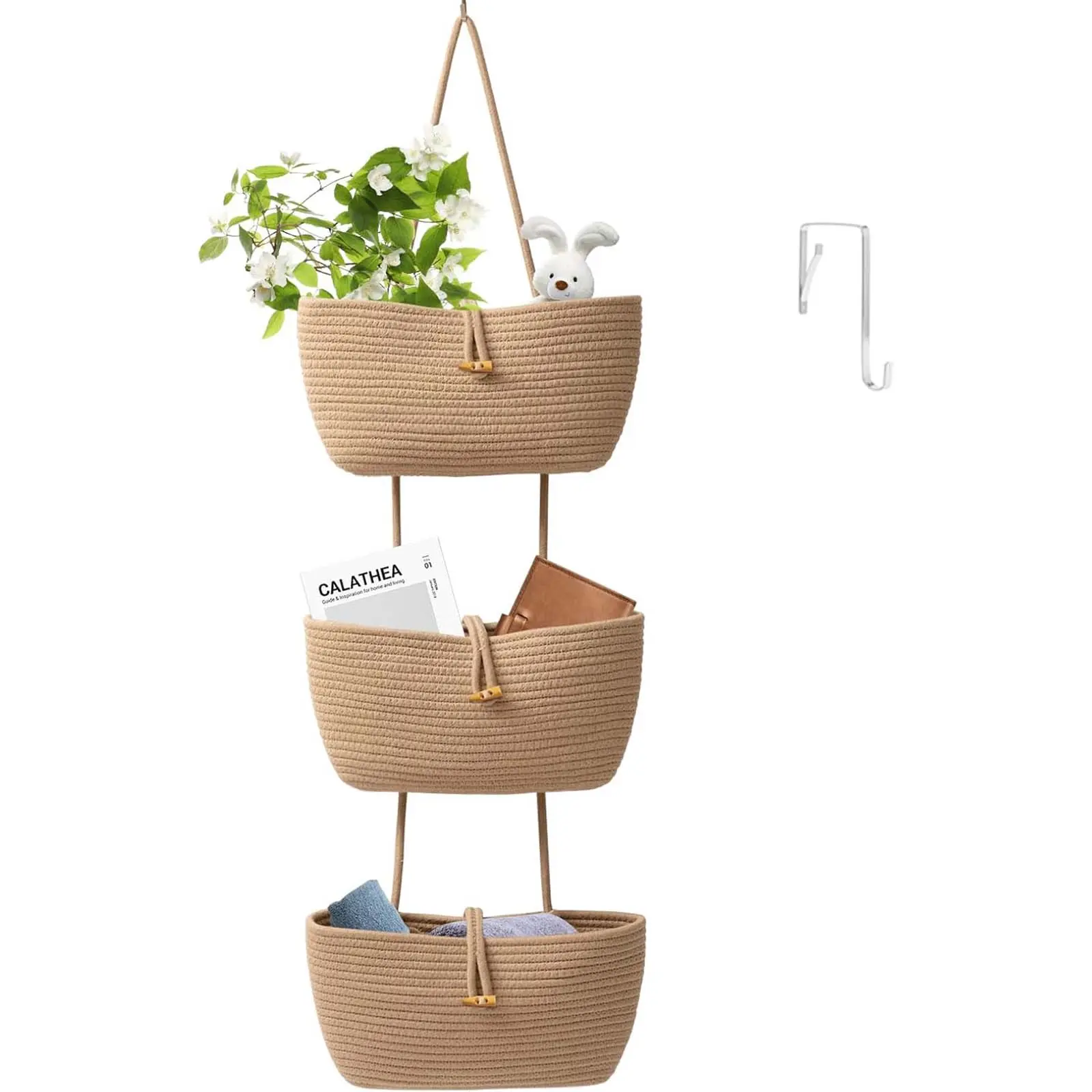 Hanging Baskets for Organizing, Over the Door Decorative Storage Organizer, Nursery Decor Organization, 3-Tier Wall Basket for Entryway Playroom Bathroom Closet, Khaki