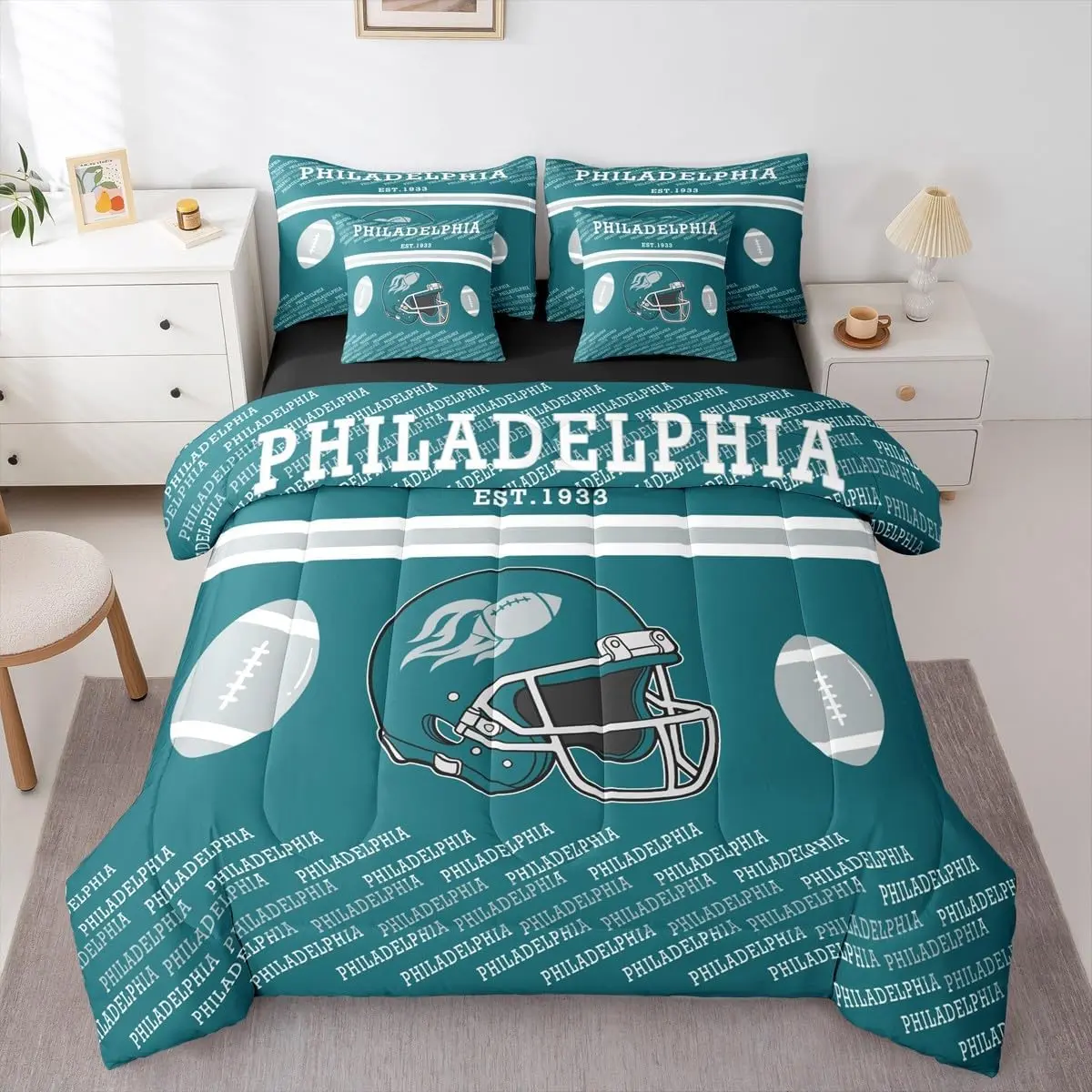 Feelyou 7-Piece American Football Bed-in-a-Bag Comforter Set with Sheets, Breathable Soft Microfiber, Sports-Themed Bedding Sets Collections, Sports-Inspired Philadelphia Gift for Kids' Bedrooms, Football Theme Decorations