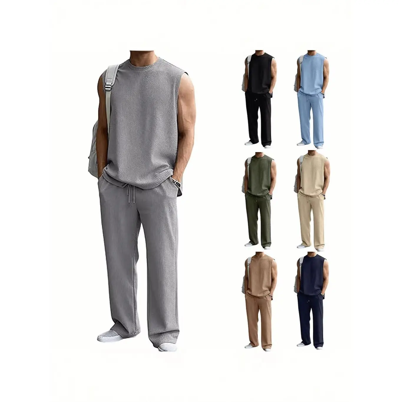 Men's Jacquard Ribbed Tank Top and Pants Set, Textured, Menswear