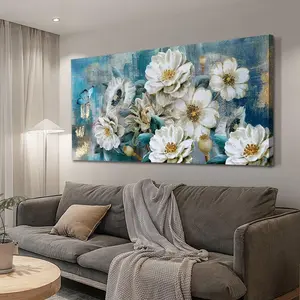 Framed Flowers Canvas Wall Art White Elegant Modern Teal Picture Gold Foil Rustic Painting Colorful Turquoise Floral Large Artwork for Living Room Bedroom Bathroom Dining Room Home Office Decor 40"x20"