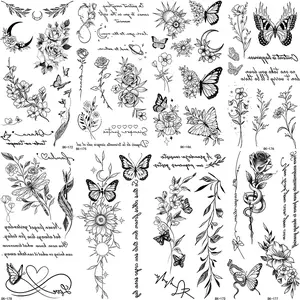 Waterproof Temporary Tattoo Stickers Set, Floral Butterfly Snake Feather Designs, Realistic Non-Reflective Fake Tattoos for Hands and Body Art