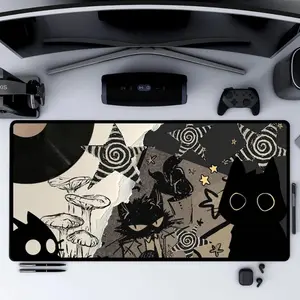 Grunge Cat Mouse Pad Black Cat Collage Desk Mat with Vinyl Record, Mushrooms & Stars Aesthetic Desk Decor for Gamers and Artists Gift