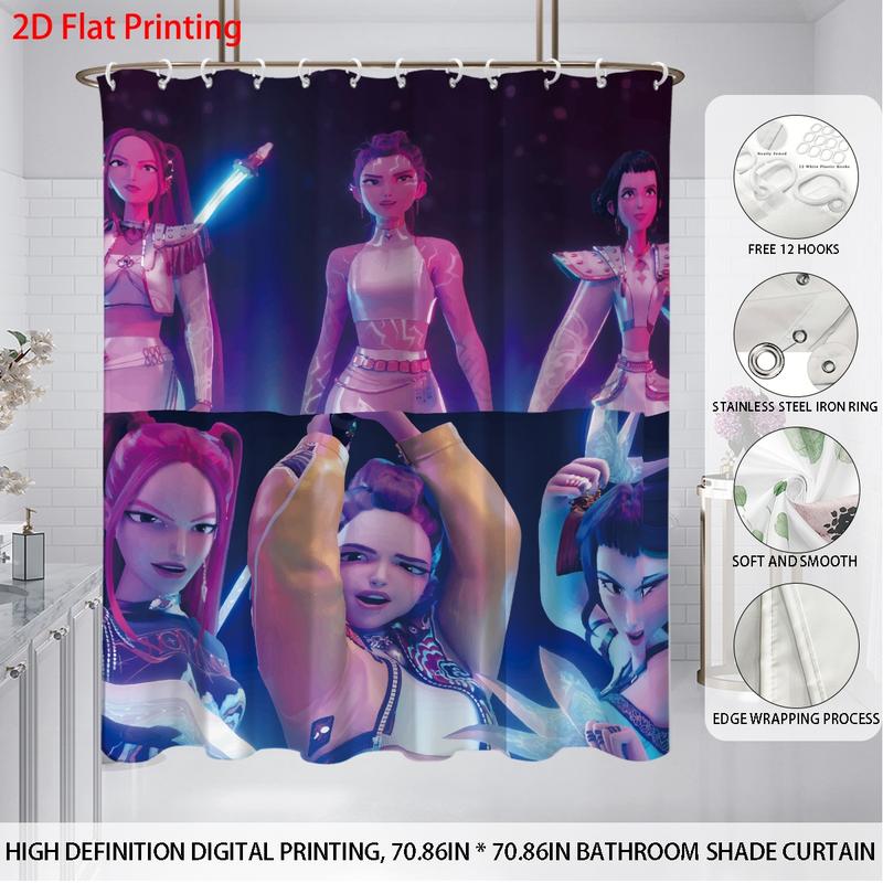 K-Pop Demon Hunters Bathroom Set, Shower Curtain with Hooks, Non-Slip Bath Rug, U-Shaped Toilet Mat, Toilet Lid Cover, Bathroom Decoration Accessories