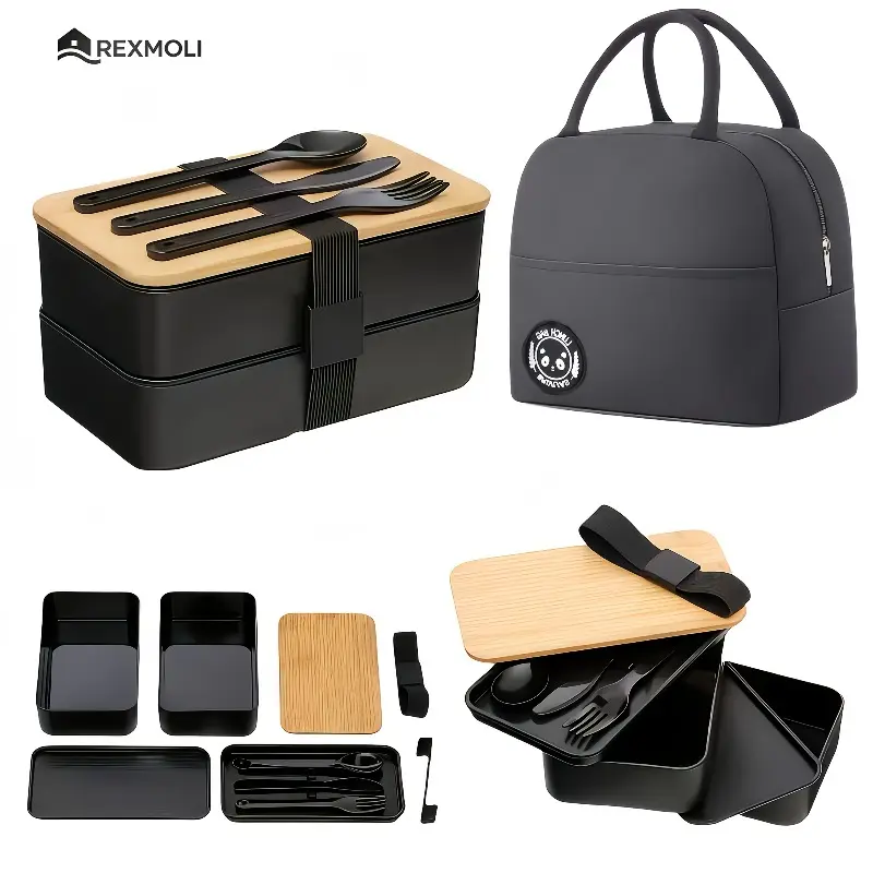 Japanese Style Bamboo Lunch Box Set, Portable Single-Tier/Double-Tier Options with/Without Insulated Bag, Lid, Compartment Dividers, Large-Capacity, Includes Spoon, Knife, Fork