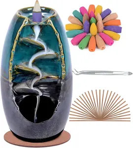 SPACEKEEPER Ceramic Backflow Incense Holder Waterfall Incense Burner, Aromatherapy Ornament Home Decor with 120 Backflow Incense Cones + 30 Incense Stick , Blue Set