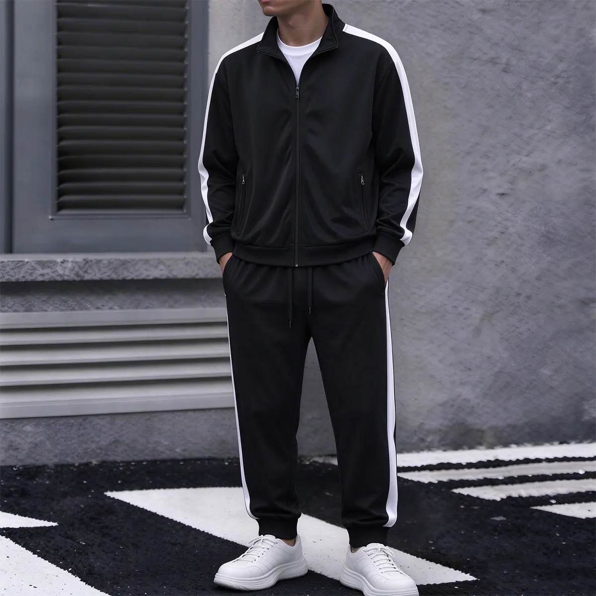 Men's 2-Piece Velvet Outerwear Set - Colorblock Jacket and Pants, Male Normal Type Autumn-Winter Sport Chic Long-Sleeve Full-Zip Top, Machine Washable for Casual Sports Running & Daily Outdoor Wear
