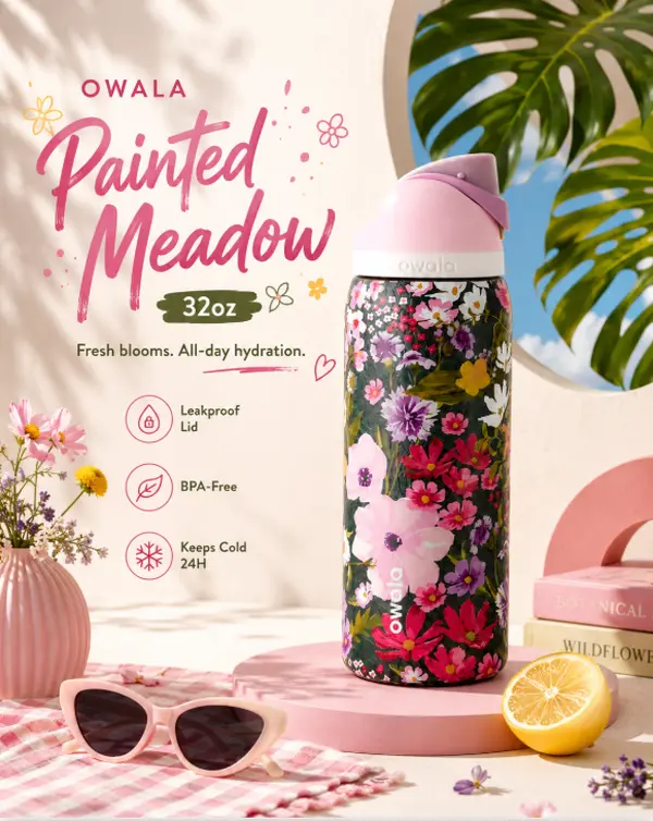 Owala Painted Meadow FreeSip 32oz Water Bottle Leakproof Insulated Stainless Steel Everyday Travel Gift for Flower Lovers