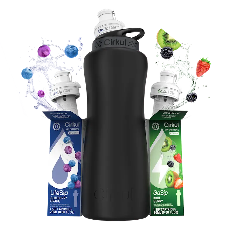 Cirkul® 32oz. Matte Black Metal Water Bottle Starter Bundle: GoSip® Kiwi Berry & LifeSip® Blueberry Grape, Zero Sugar Hydration