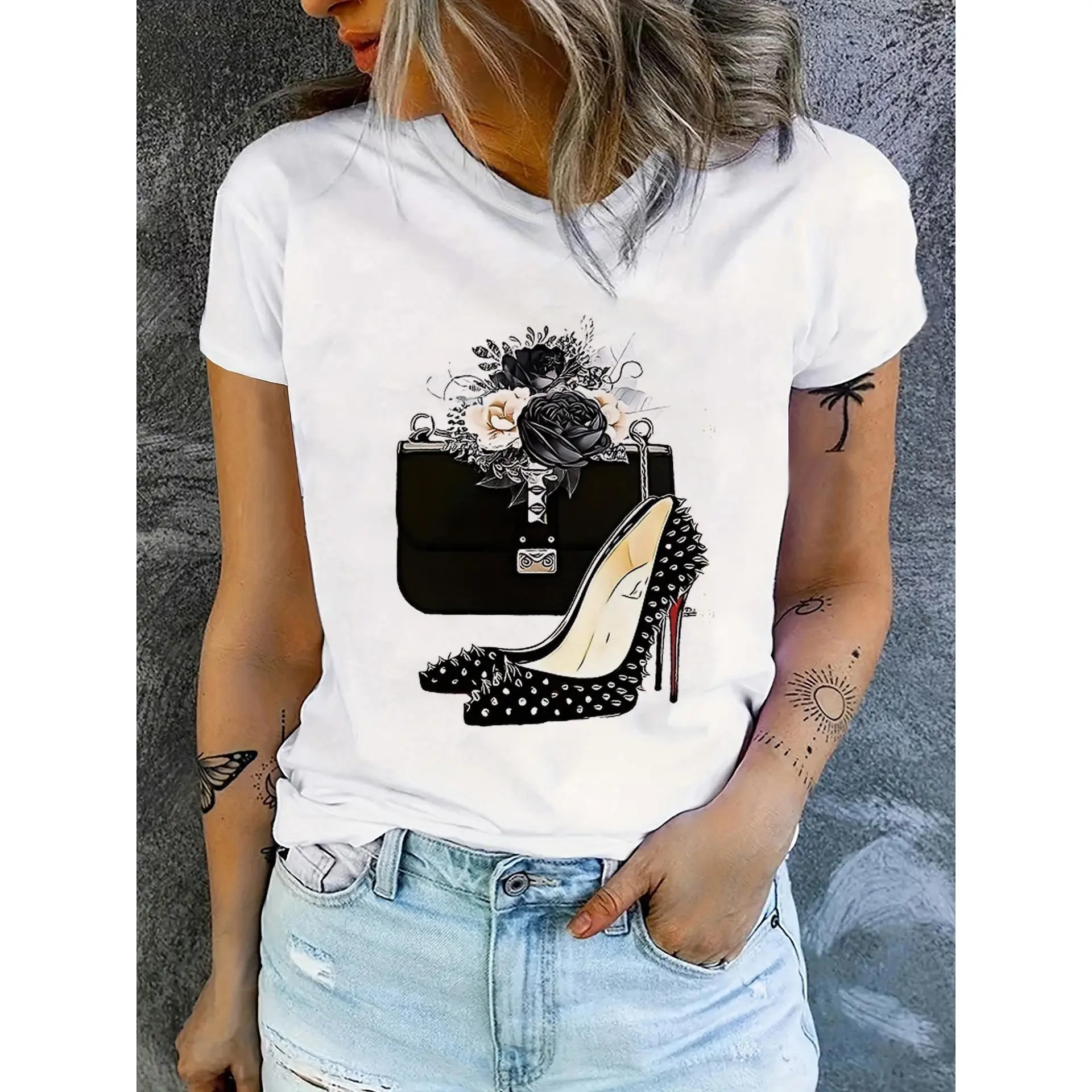 High Heels Graphic Tee - Soft & Breathable Girl Power Top, Y2K Inspired Sassy Casual Shirt for Women | Perfect for Girls' Night Out & Confident Summer Vibes, Stretchy Comfort Everyday Wear