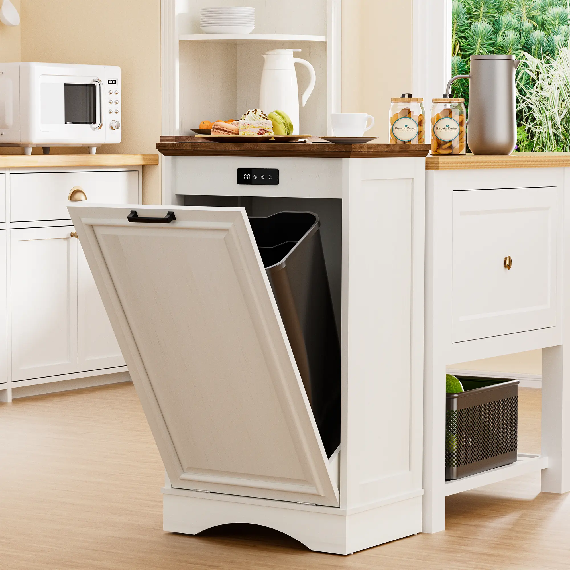 Spurgehom 13 Gallon Pull Out Trash Cabinet for Kitchen, Wooden Freestanding Trash Can Cabinet with Deodorizing Function, Pet Proof Storage Cabinet for Laundry Room, Bathroom, White summervibes Household Waste Bin Home Supplies
