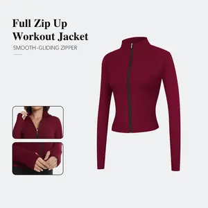 Womens Cropped Full Zip up Workout Jacket Slim Fit Running Athletic Gym Yoga Sports Jacket with Thumb Holes