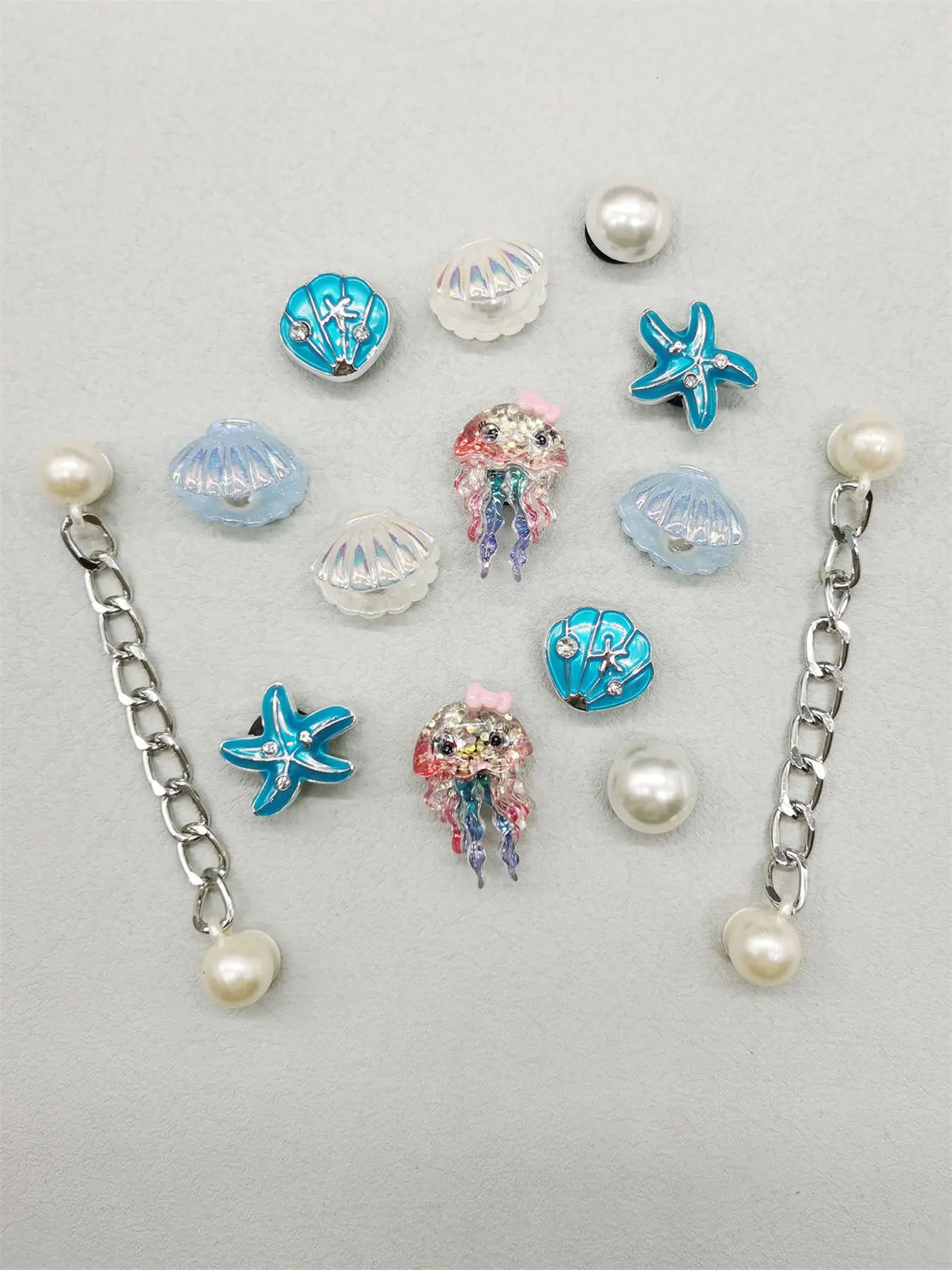 14PCS Ocean Theme Shell ABS Shoe Charms, Shoe Charm Set, DIY Chains Decorations, Sparkling Charms, Starfish Octopus Clogs Shoes Buckles Decorative Shoe Accessories Removable Beads Shoe Clips Decor Fit Women Slides Slippers Sandals Garden Shoes