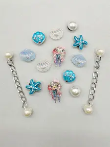 14PCS Ocean Theme Colorful Shell ABS Shoe Chams DIY Chains Decorations Bling Rhinestone Starfish Octopus Clogs Shoes Buckles Accessories Removable Artificial Faux Beads Shoe Clips Decor Fit Women Bubble Slides Slippers Sandals Garden Shoes Beach Bag