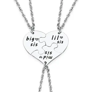 3PCs Big Sis Mid Sis Lil Sis Heart Puzzle Piece Necklace Set, Sisters Gifts from Sister Birthday Jewelry