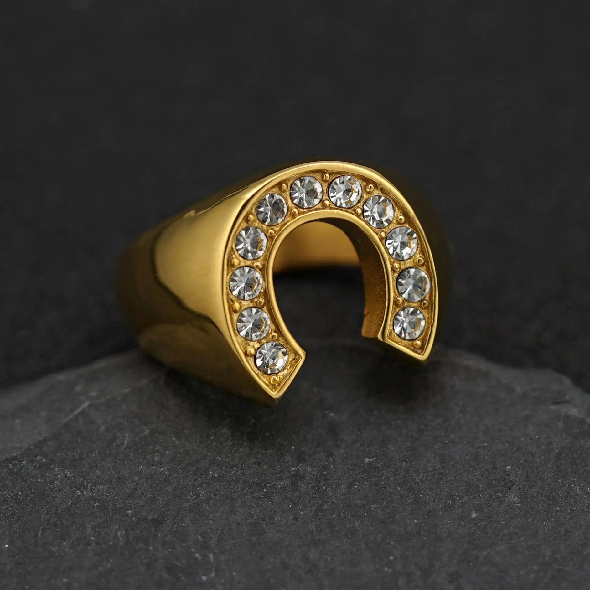 Unisex Gold-Tone Lucky Horseshoe Rhinestone Ring - 18mm Stainless Steel Jewelry Band, Lead-Free Casual Wear Finger Accessory, Unisex Ring