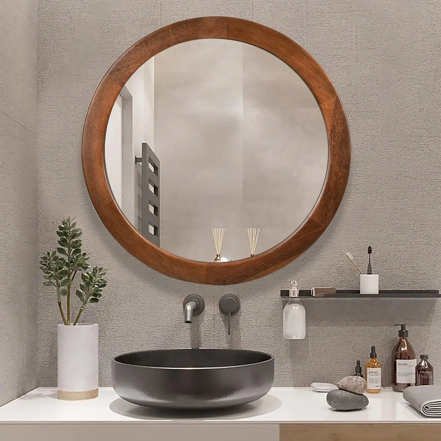 Round  Mirror 24 Inch,Circle Mirror with Walnut Frame for Wall,Rustic Decorative Round Wall Mirror for Bathroom Bedroom Entryway(Walnut Brown)