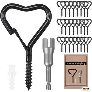25 Pack Heart Shaped Decorative Screw Hooks for , 2.36" Cute Metal Ceiling Hooks for , String Lights,  &  Decorations, Decorative Wall Hooks for Indoor Outdoor Use, Black