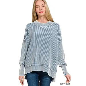 Zenana Washed Side Slit Oversized Sweater