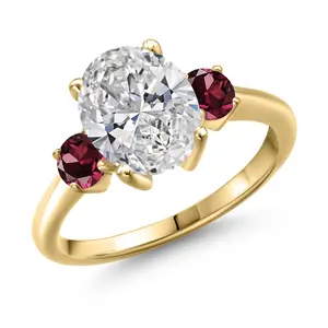 2.74 cttw IGI Certified Lab Grown Diamond and Red Rhodolite-Garnet 3-Stone Engagement Ring For Women | 18K Yellow Gold Plated Silver | Center 2.00 Ct Diamond | E-F Color | VS1-VS2