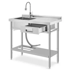 Garvee Stainless Steel Utility Sink - Commercial Single Bowl Prep Sink with Workbench & Drawer, Freestanding Kitchen Sink with Pull-Out Faucet & Storage Shelf, for Garage, Laundry - 39.5 X 19.5 x 38.5 Inch