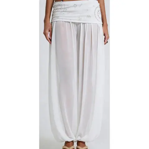 Women's Studded Harem Pants in Sheer Polyester Mesh, Loose-Fitting Balloon Trousers with a Fold-Over Waist, Bottom, Lady, Foldable, Adorn, Perspective Trousers, Size S/M/L/Xl, Casual Loose, Going Out Bottoms