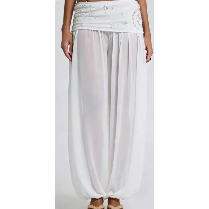 Women's Studded Harem Pants in Sheer Polyester Mesh, Loose-Fitting Balloon Trousers with a Fold-Over Waist, Bottom, Lady, Foldable, Adorn, Perspective Trousers, Size S/M/L/Xl, Casual Loose, Going Out Bottoms