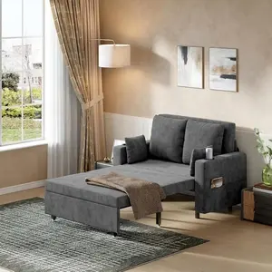 3-in-1 Convertible Sleeper Sofa Bed with USB Charging Ports and Cup Holders, Modern PU Leather Pull Out Couch with Side Pockets, Space-Saving Guest Bed with 4 Pillows iron frame