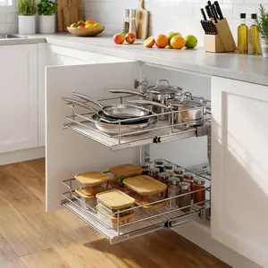 Kitchen Cabinet Pull-Out Basket - Metal Pull-Out Drawer, Double Layer Slide Rail, 14x21 Inch, Sliding Drawer