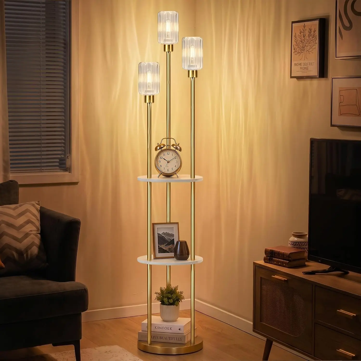 71" Floor Lamps with Shelves, Modern Standing Lamp with 3 Clear Glass Shade Gold Tall Lamp with 3-layer Shelves, Stepless Dimming, Vintage Floor Lamps for Living Room, Bedroom, Study, 3 Blubs Included