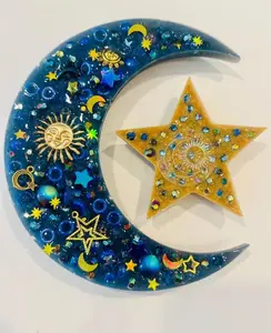 Handmade Star & Moon Squishy Sensory Pad - Bead-Filled Silicone Fidget for Anxiety Stress Relief Celestial Therapy with Gold Charms & Cosmic Beads